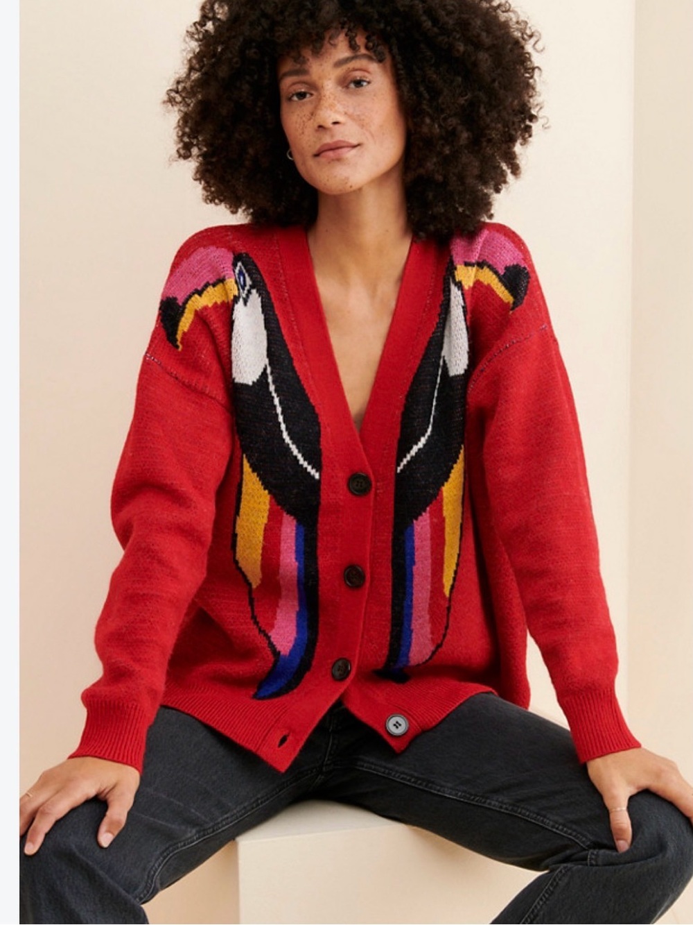 FARM Rio Red V-Neck Cardigan with Colorful Parrot Intarsia